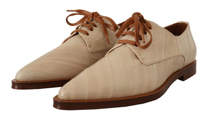 Dolce & Gabbana White Eel Leather Lace Up Formal Flats Shoes - SMARTMARTNZ
