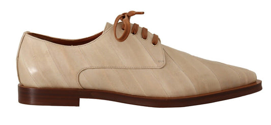 Dolce & Gabbana White Eel Leather Lace Up Formal Flats Shoes - SMARTMARTNZ
