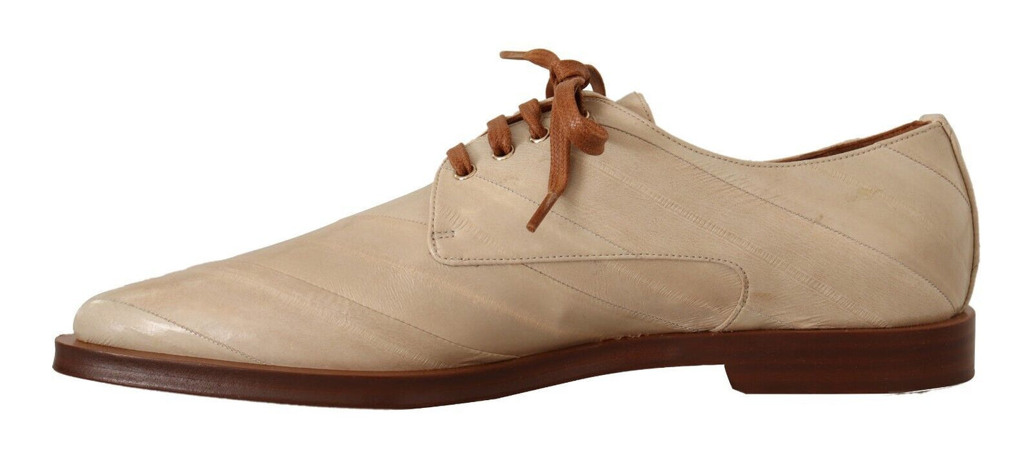 Dolce & Gabbana White Eel Leather Lace Up Formal Flats Shoes - SMARTMARTNZ