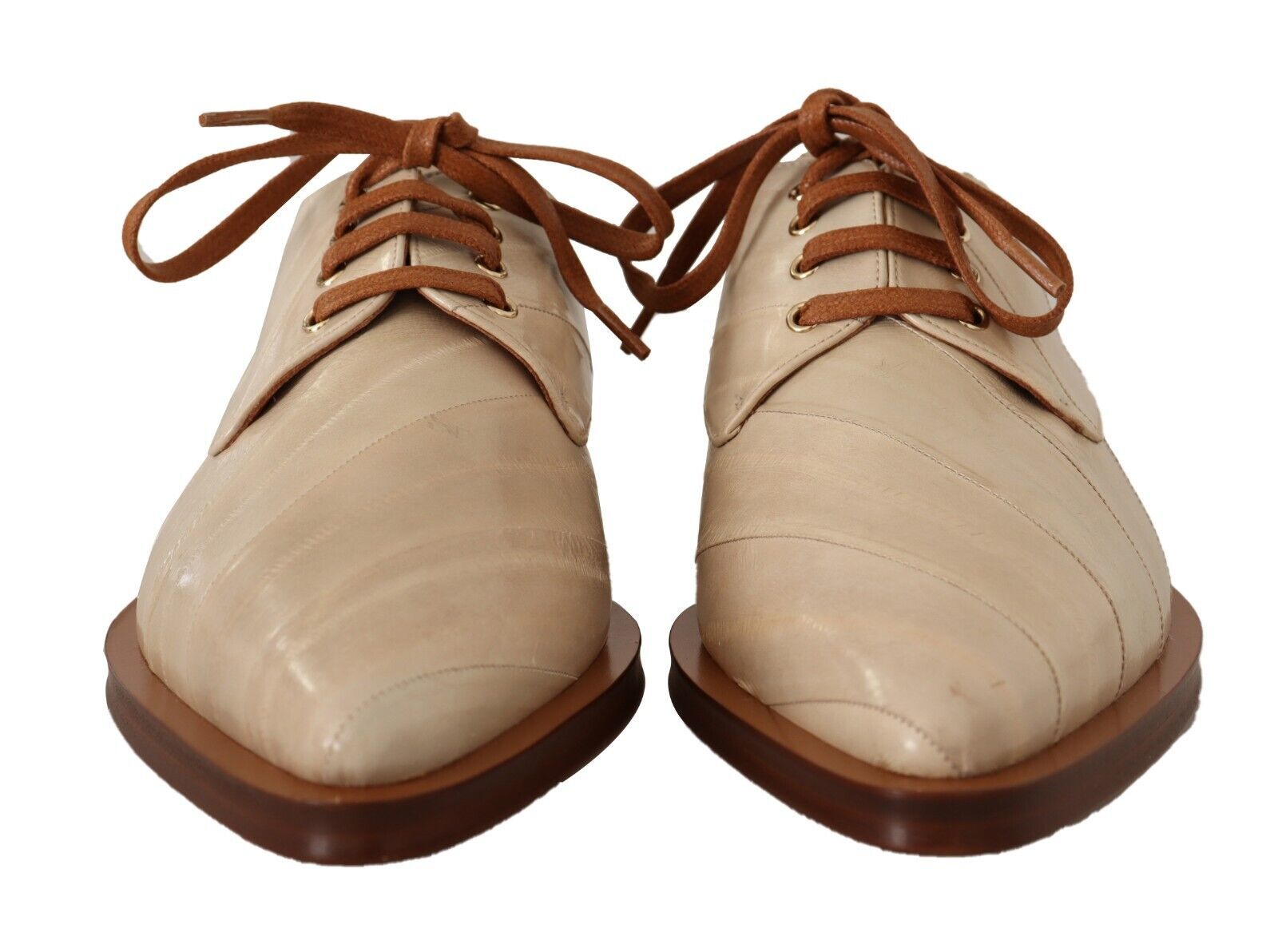 Dolce & Gabbana White Eel Leather Lace Up Formal Flats Shoes - SMARTMARTNZ