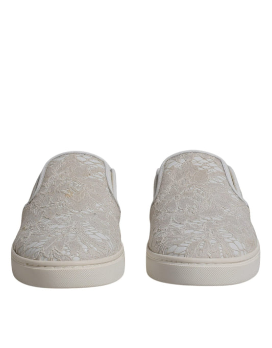 Dolce & Gabbana White Floral Lace Slip On Loafers Shoes - SMARTMARTNZ