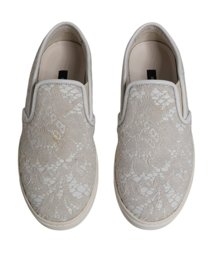 Dolce & Gabbana White Floral Lace Slip On Loafers Shoes - SMARTMARTNZ