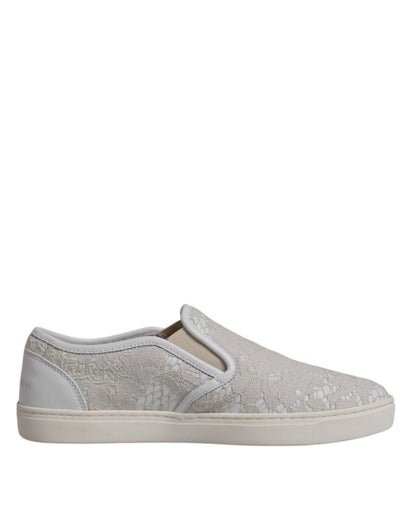 Dolce & Gabbana White Floral Lace Slip On Loafers Shoes - SMARTMARTNZ