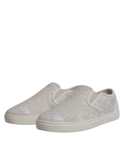 Dolce & Gabbana White Floral Lace Slip On Loafers Shoes - SMARTMARTNZ