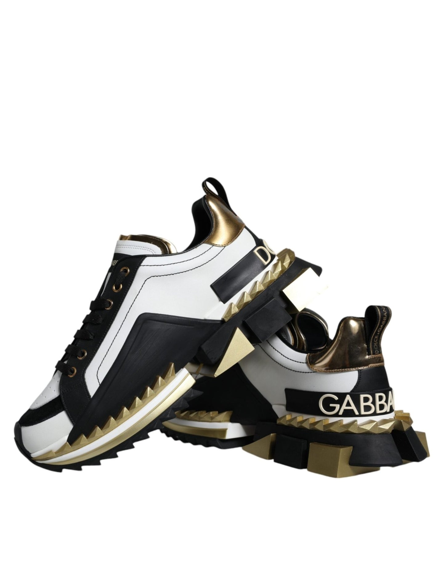 Dolce & Gabbana White Gold Black Leather SUPER KING Sneakers Shoes - SMARTMARTNZ