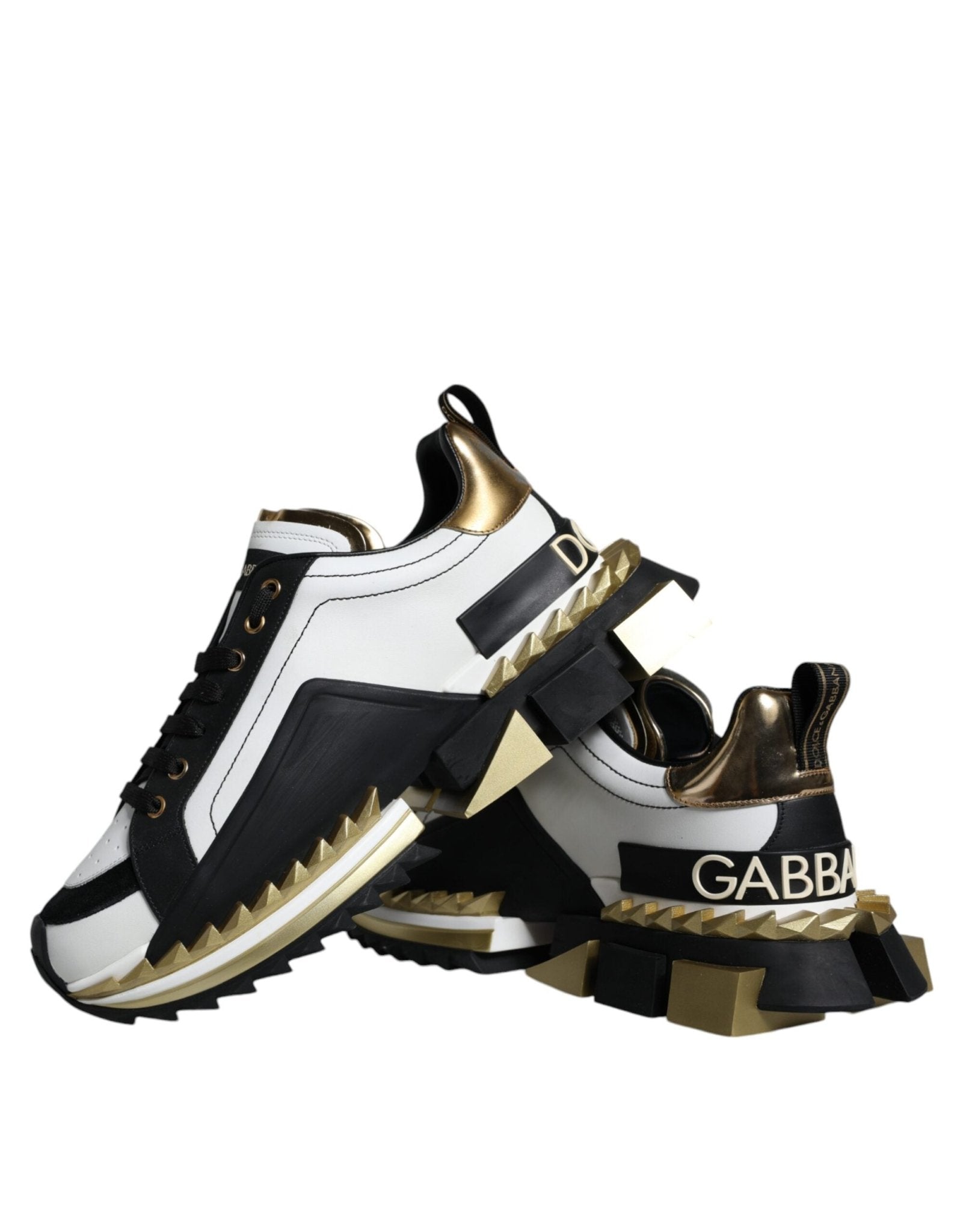 Dolce & Gabbana White Gold Black Leather SUPER KING Sneakers Shoes - SMARTMARTNZ