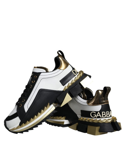 Dolce & Gabbana White Gold Black Leather SUPER KING Sneakers Shoes - SMARTMARTNZ