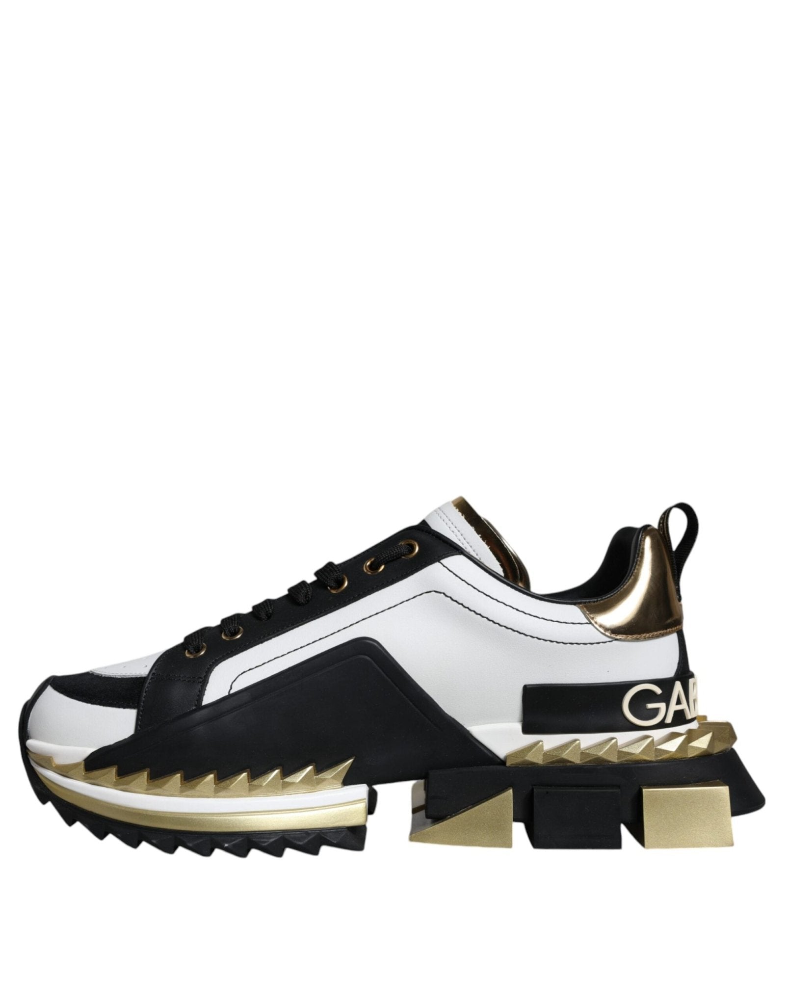Dolce & Gabbana White Gold Black Leather SUPER KING Sneakers Shoes - SMARTMARTNZ