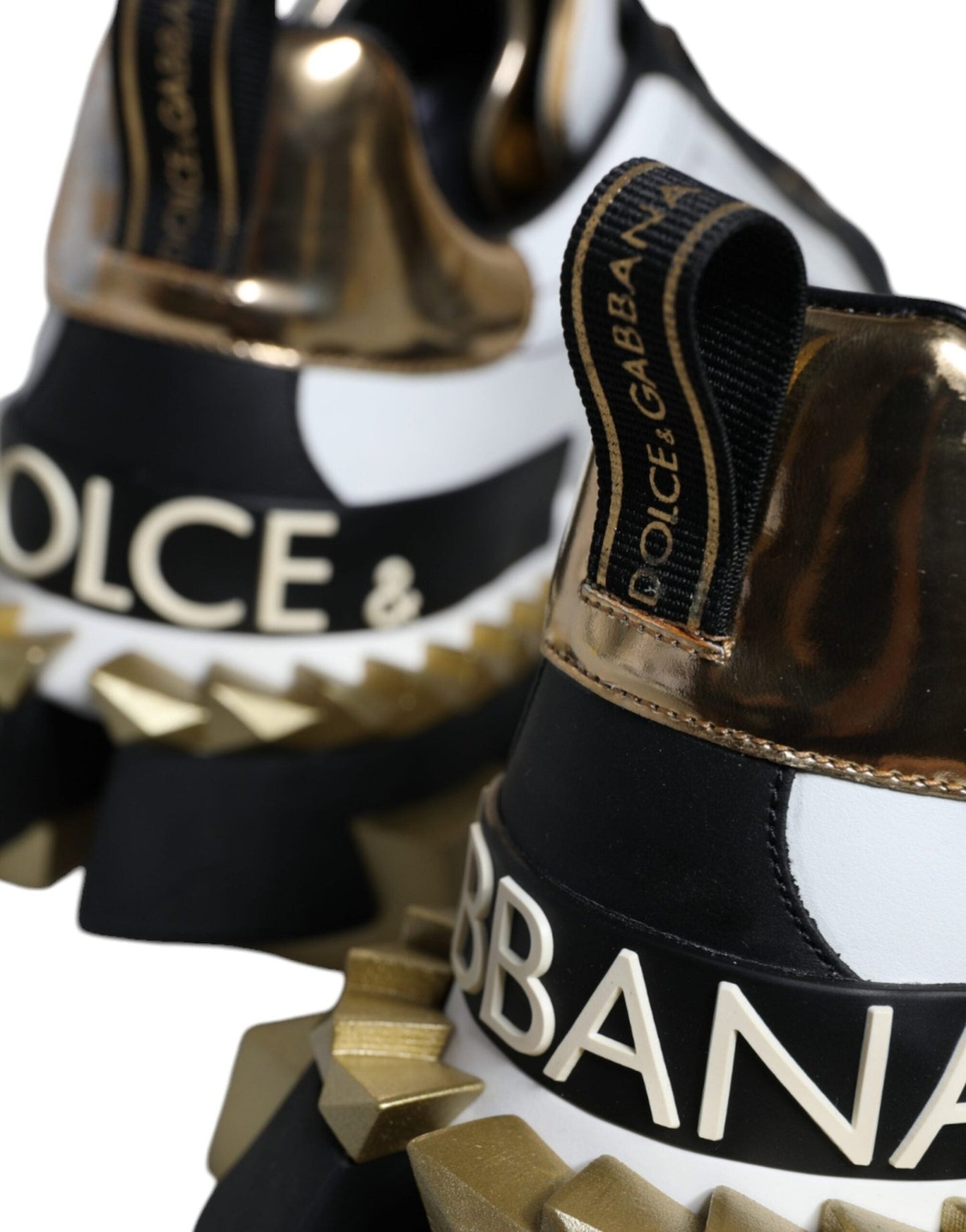 Dolce & Gabbana White Gold Black Leather SUPER KING Sneakers Shoes - SMARTMARTNZ