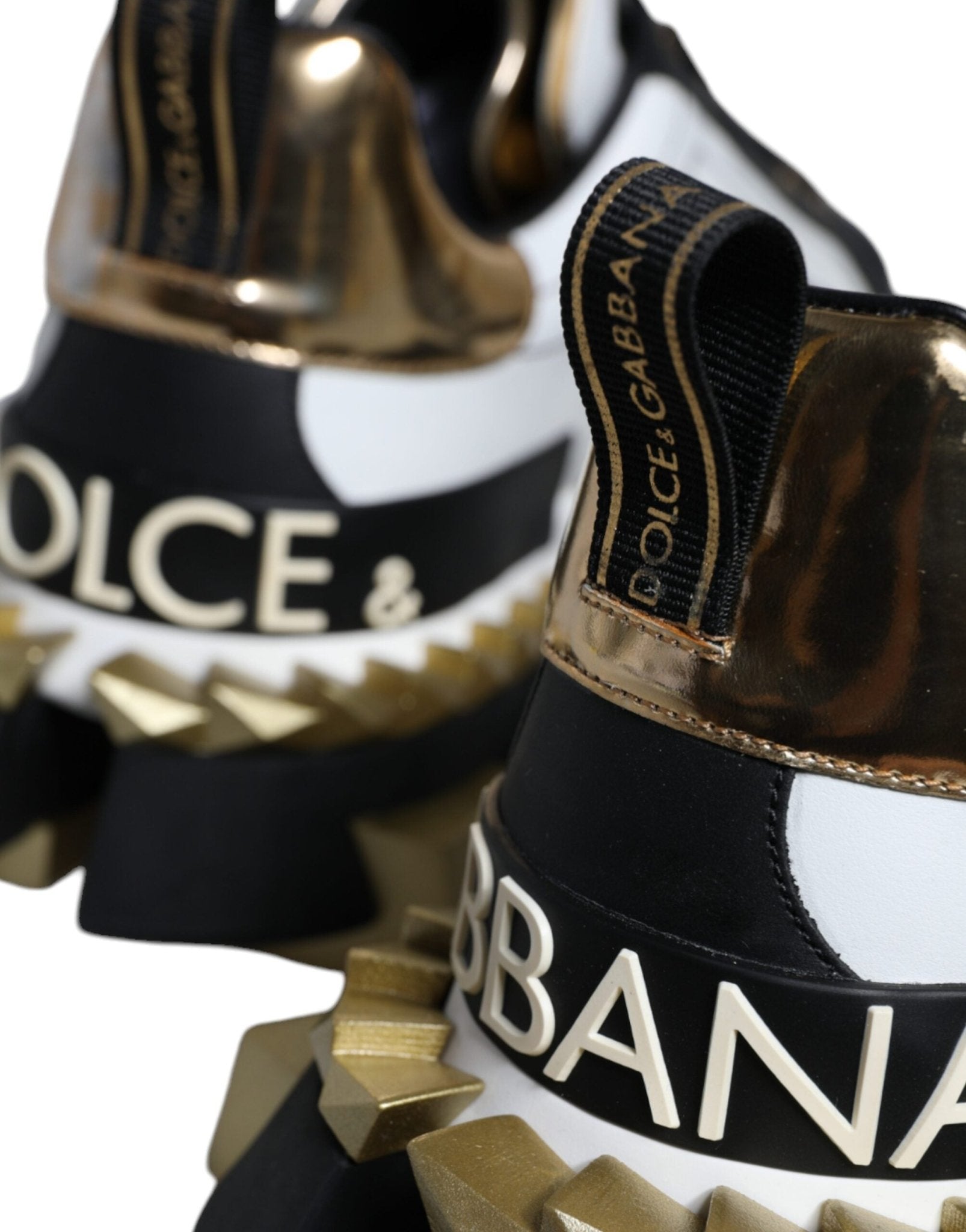 Dolce & Gabbana White Gold Black Leather SUPER KING Sneakers Shoes - SMARTMARTNZ