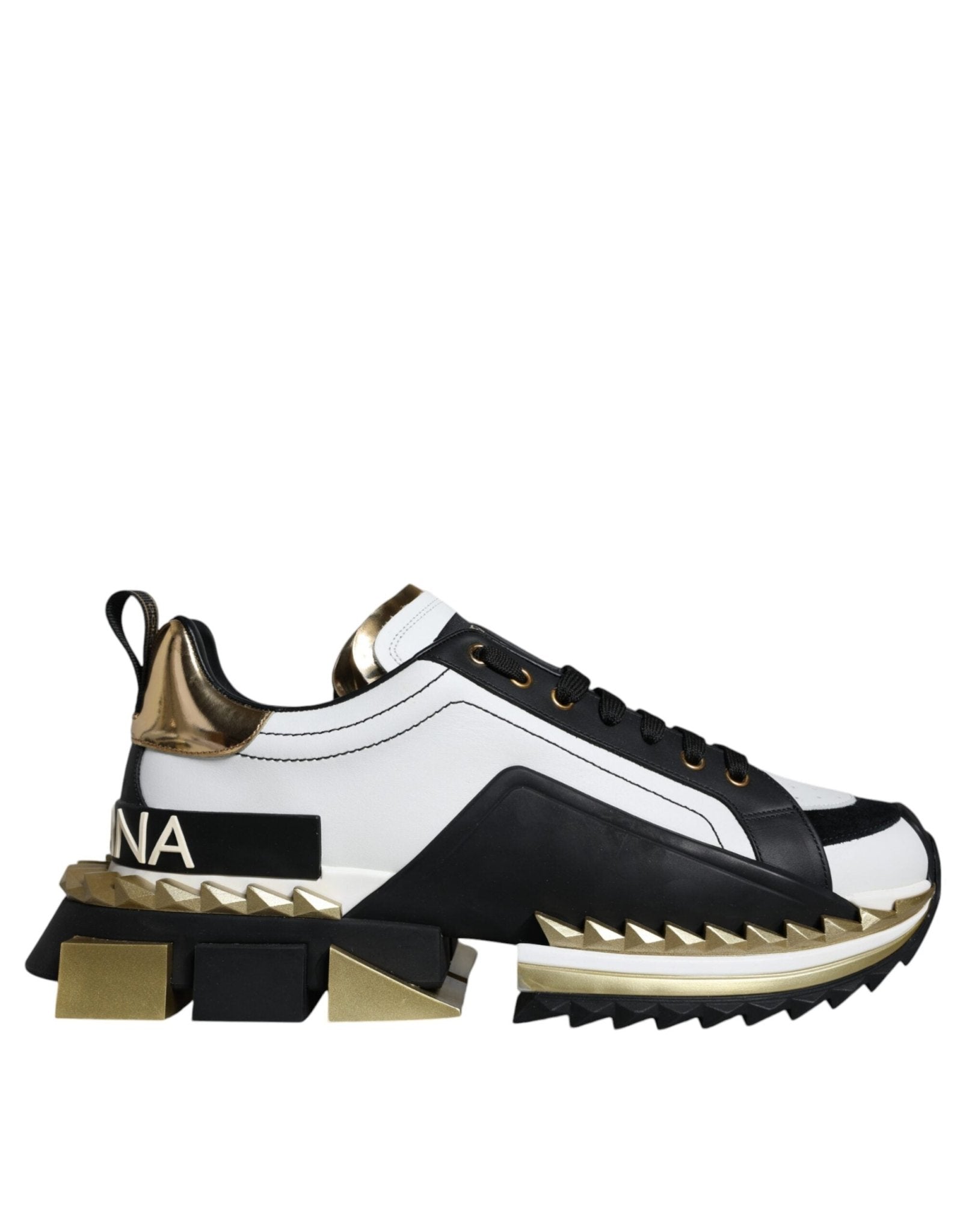 Dolce & Gabbana White Gold Black Leather SUPER KING Sneakers Shoes - SMARTMARTNZ
