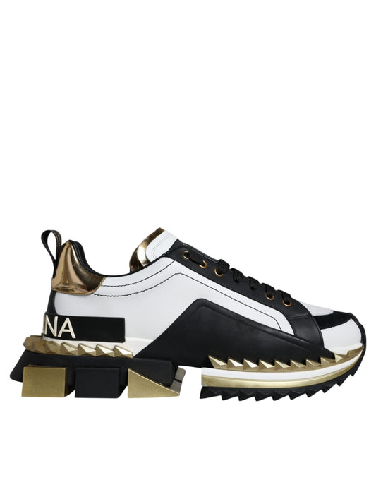 Dolce & Gabbana White Gold Black Leather SUPER KING Sneakers Shoes - SMARTMARTNZ