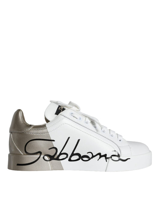 Dolce & Gabbana White Gold Portofino Low Top Leather Sneakers Shoes - SMARTMARTNZ