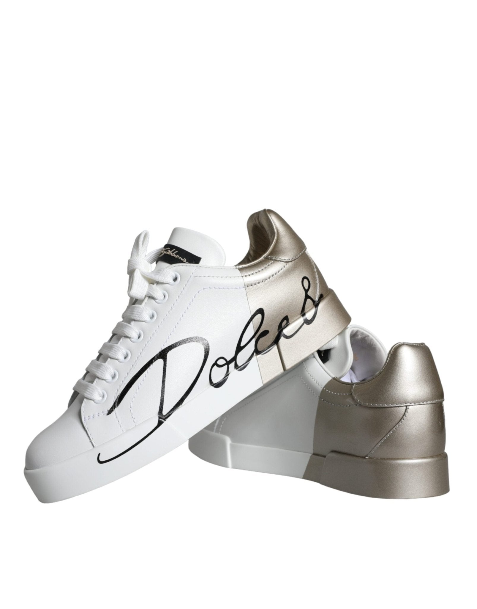 Dolce & Gabbana White Gold Portofino Low Top Leather Sneakers Shoes - SMARTMARTNZ