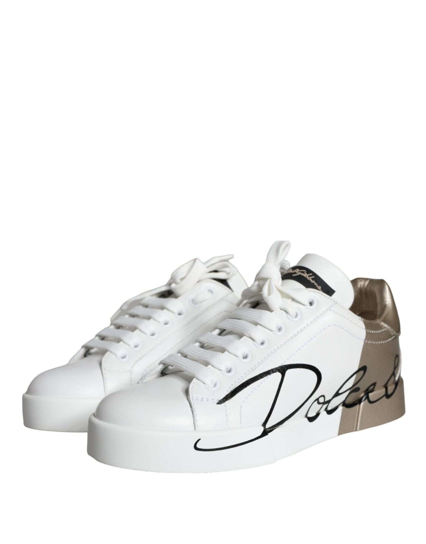 Dolce & Gabbana White Gold Portofino Low Top Leather Sneakers Shoes - SMARTMARTNZ