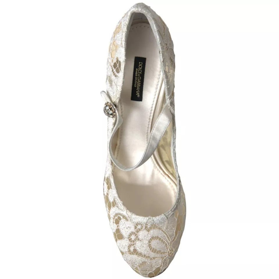 Dolce & Gabbana White Lace Crystals Heels Sandals Shoes - SMARTMARTNZ