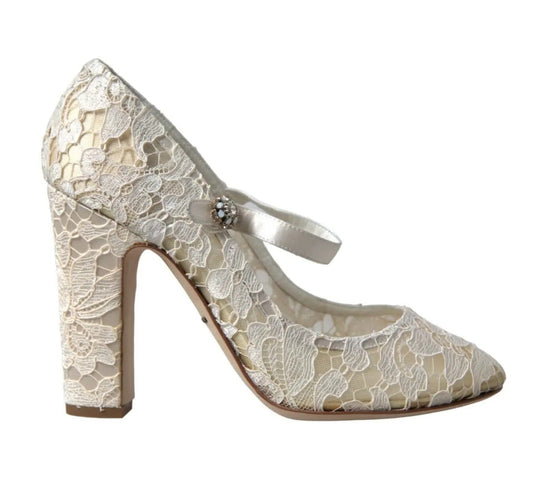 Dolce & Gabbana White Lace Crystals Heels Sandals Shoes - SMARTMARTNZ