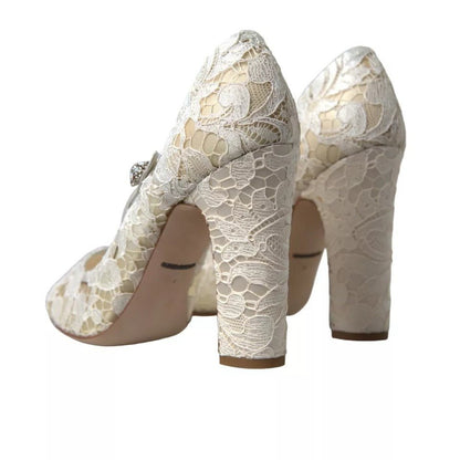 Dolce & Gabbana White Lace Crystals Heels Sandals Shoes - SMARTMARTNZ