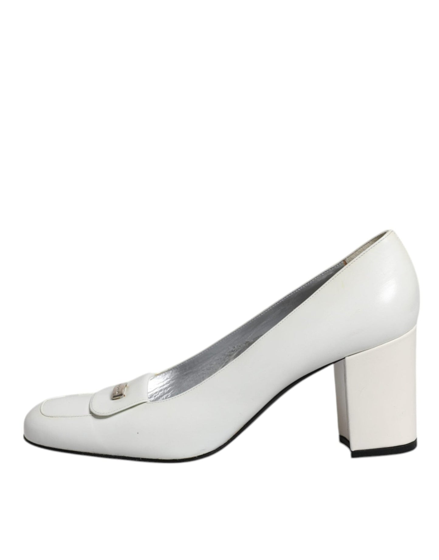 Dolce & Gabbana White Leather Block Heels Pumps Shoes - SMARTMARTNZ