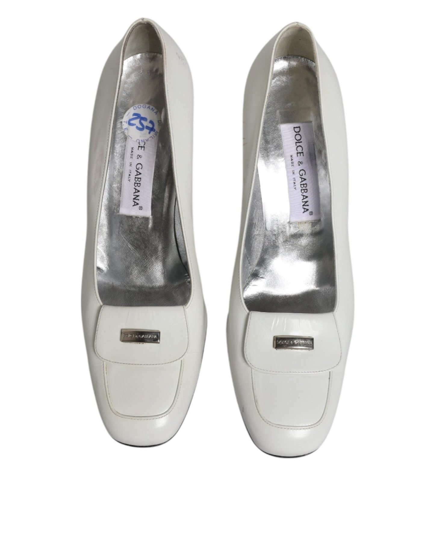 Dolce & Gabbana White Leather Block Heels Pumps Shoes - SMARTMARTNZ