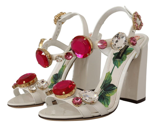 Dolce & Gabbana White Leather Crystal Keira Heels Sandals Shoes - SMARTMARTNZ