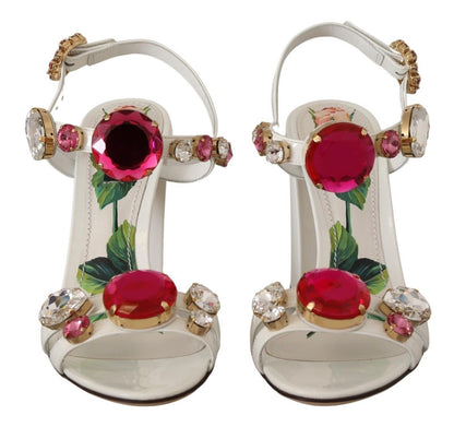 Dolce & Gabbana White Leather Crystal Keira Heels Sandals Shoes - SMARTMARTNZ