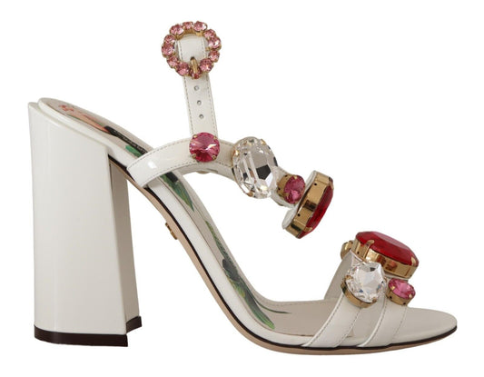 Dolce & Gabbana White Leather Crystal Keira Heels Sandals Shoes - SMARTMARTNZ