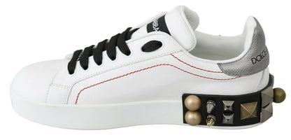 Dolce & Gabbana White Leather Crystal Roses Floral Sneakers Shoes - SMARTMARTNZ