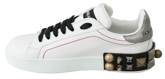 Dolce & Gabbana White Leather Crystal Roses Floral Sneakers Shoes - SMARTMARTNZ