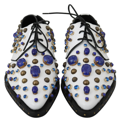 Dolce & Gabbana White Leather Crystals Dress Broque Shoes - SMARTMARTNZ
