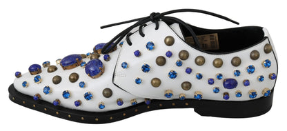 Dolce & Gabbana White Leather Crystals Dress Broque Shoes - SMARTMARTNZ