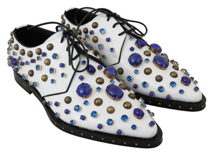 Dolce & Gabbana White Leather Crystals Dress Broque Shoes - SMARTMARTNZ