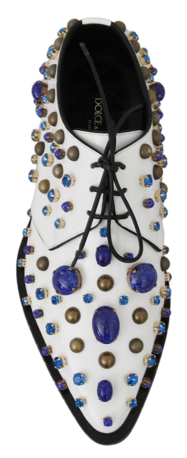 Dolce & Gabbana White Leather Crystals Dress Broque Shoes - SMARTMARTNZ