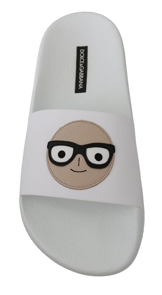 Dolce & Gabbana White Leather dgfamily Slides Shoes Sandals - SMARTMARTNZ