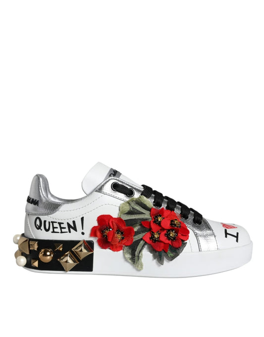Dolce & Gabbana White Leather Floral Studded Sneakers Shoes - SMARTMARTNZ