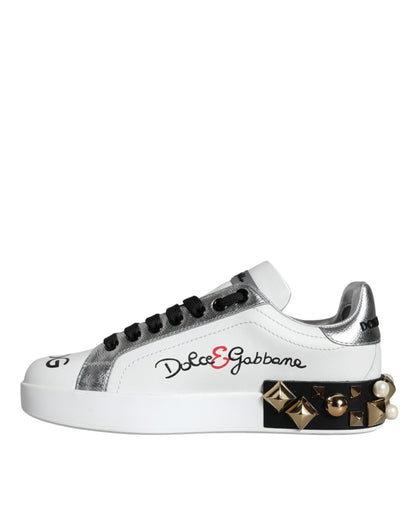 Dolce & Gabbana White Leather Floral Studded Sneakers Shoes - SMARTMARTNZ
