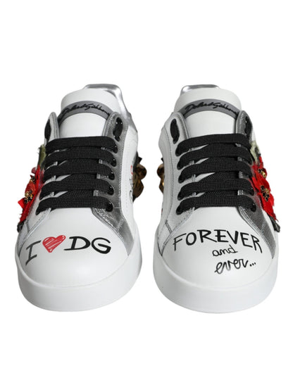 Dolce & Gabbana White Leather Floral Studded Sneakers Shoes - SMARTMARTNZ
