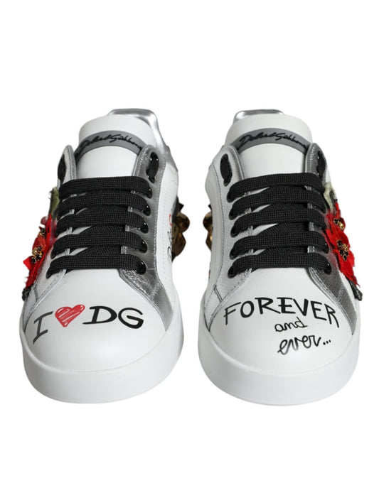 Dolce & Gabbana White Leather Floral Studded Sneakers Shoes - SMARTMARTNZ