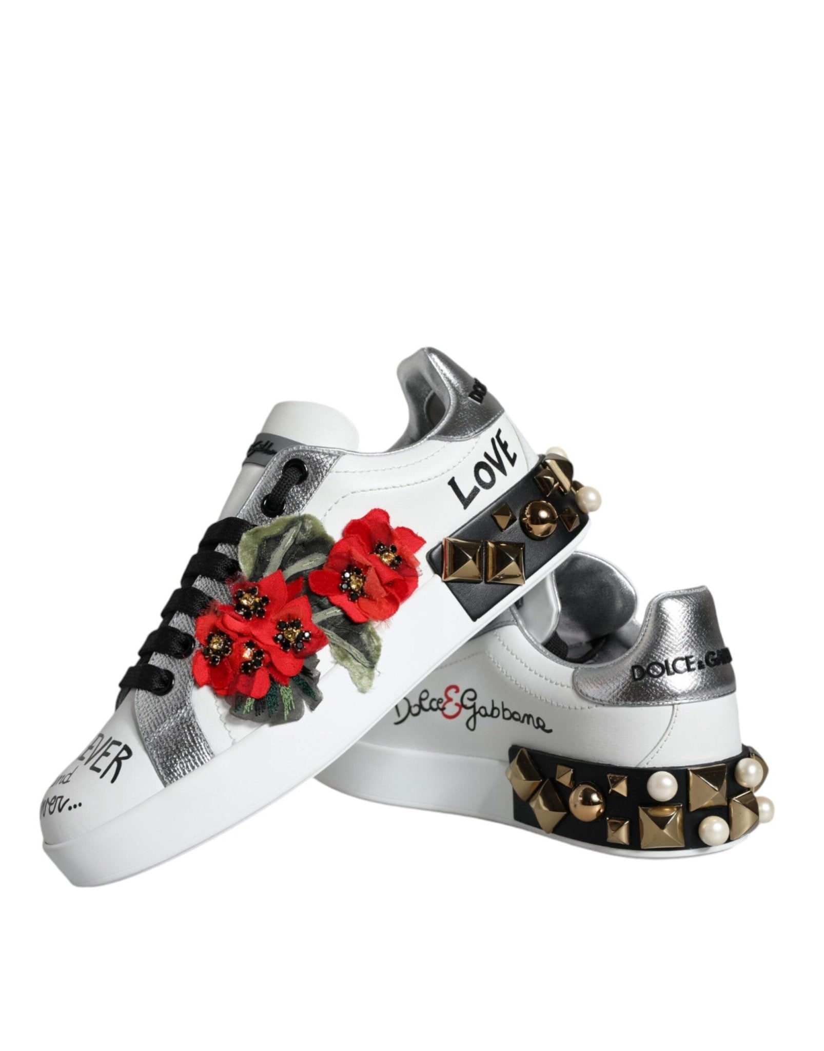 Dolce & Gabbana White Leather Floral Studded Sneakers Shoes - SMARTMARTNZ