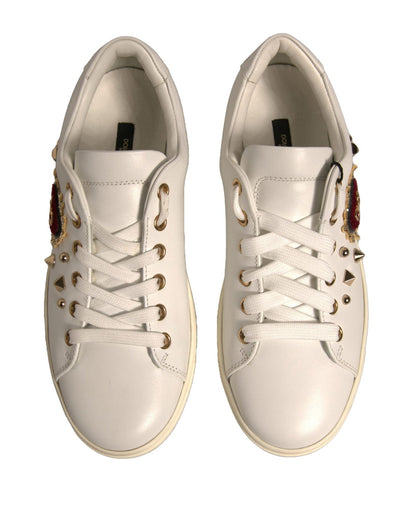 Dolce & Gabbana White Leather Gold Red Heart Sneakers Shoes - SMARTMARTNZ