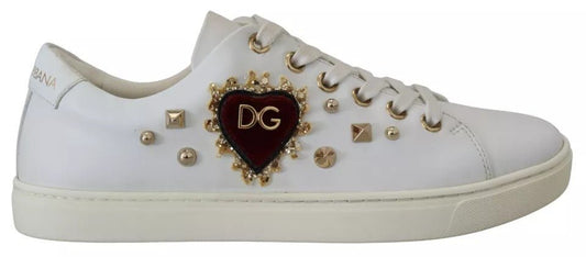 Dolce & Gabbana White Leather Gold Red Heart Sneakers Shoes - SMARTMARTNZ