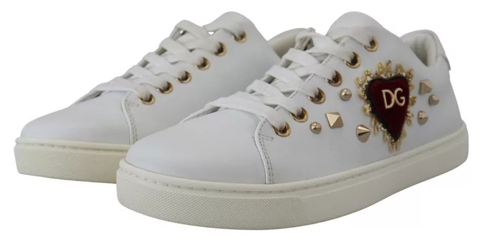 Dolce & Gabbana White Leather Gold Red Heart Sneakers Shoes - SMARTMARTNZ