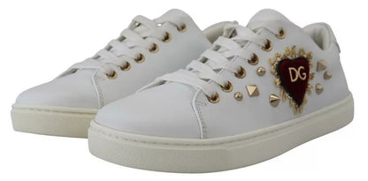Dolce & Gabbana White Leather Gold Red Heart Sneakers Shoes - SMARTMARTNZ