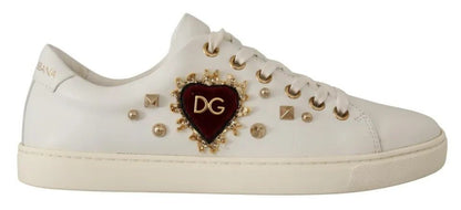 Dolce & Gabbana White Leather Gold Red Heart Sneakers Shoes - SMARTMARTNZ