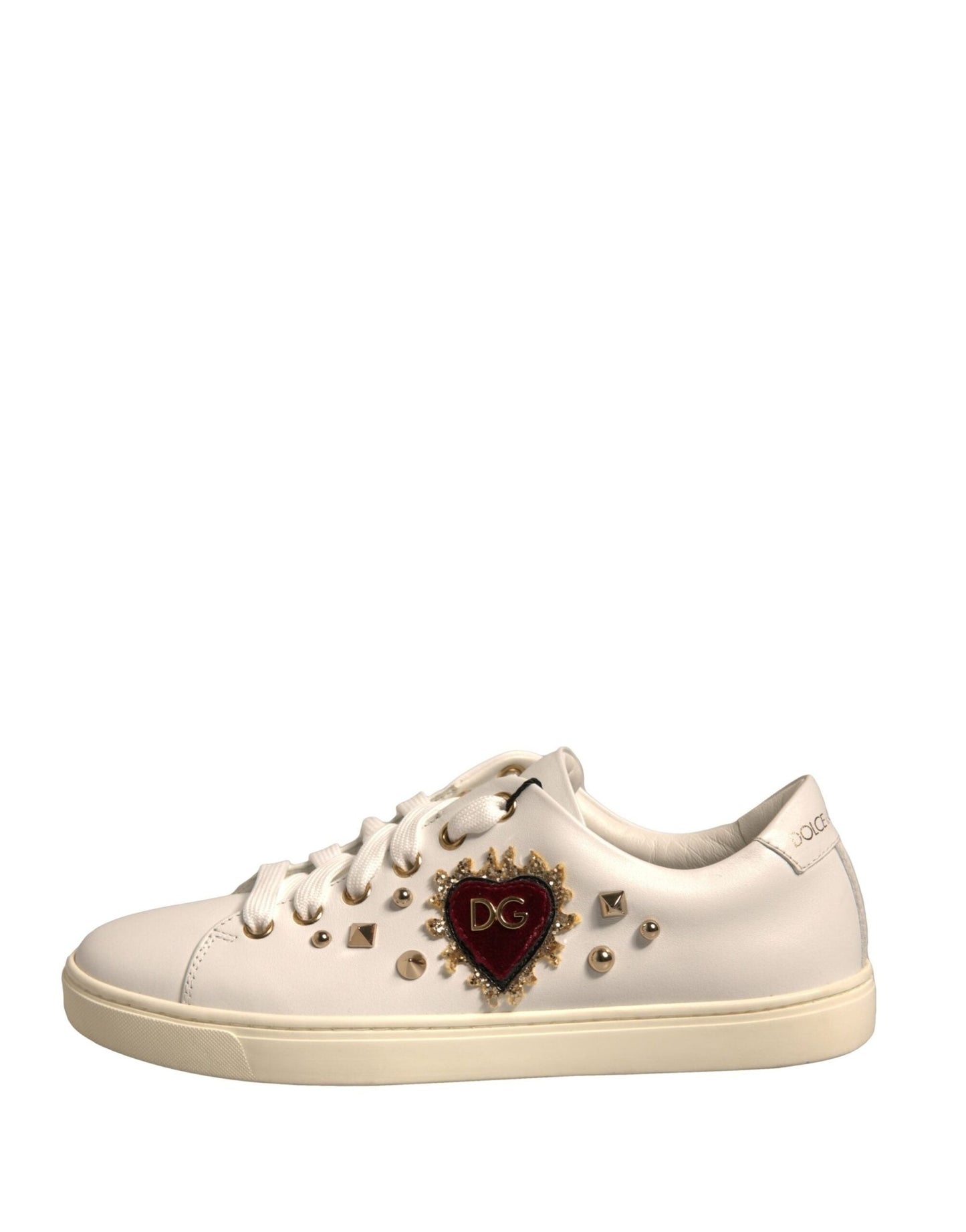 Dolce & Gabbana White Leather Gold Red Heart Sneakers Shoes - SMARTMARTNZ