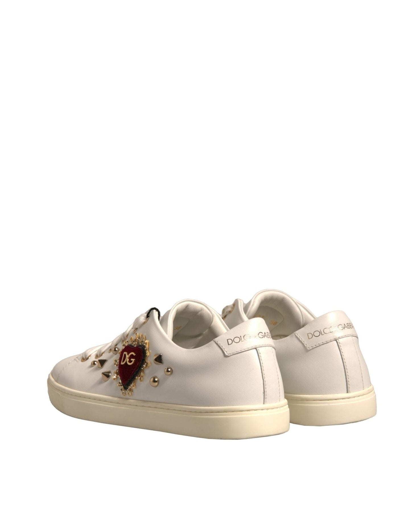 Dolce & Gabbana White Leather Gold Red Heart Sneakers Shoes - SMARTMARTNZ