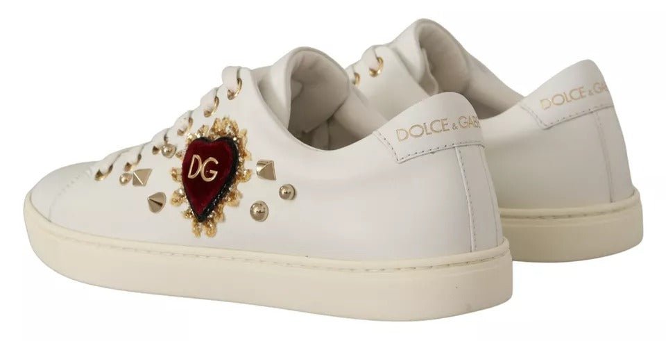 Dolce & Gabbana White Leather Gold Red Heart Sneakers Shoes - SMARTMARTNZ