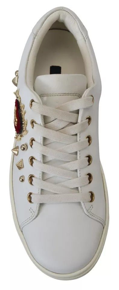 Dolce & Gabbana White Leather Gold Red Heart Sneakers Shoes - SMARTMARTNZ