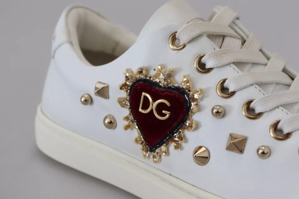 Dolce & Gabbana White Leather Gold Red Heart Sneakers Shoes - SMARTMARTNZ