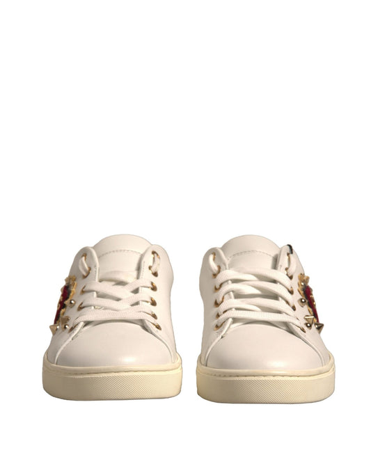 Dolce & Gabbana White Leather Gold Red Heart Sneakers Shoes - SMARTMARTNZ